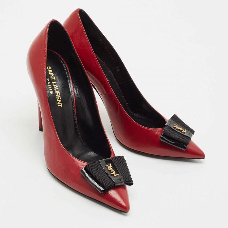 Pre Owned Saint Laurent Dark Red Leather Anais Bow Pointed Toe Pumps Size 36