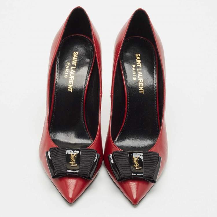 Pre Owned Saint Laurent Dark Red Leather Anais Bow Pointed Toe Pumps Size 36