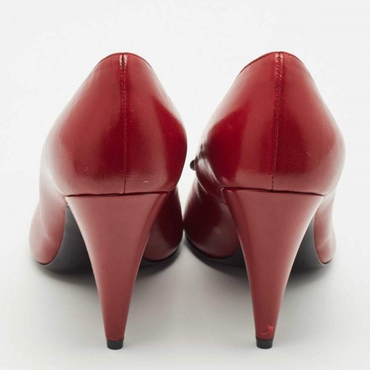 Pre Owned Saint Laurent Dark Red Leather Anais Bow Pointed Toe Pumps Size 36