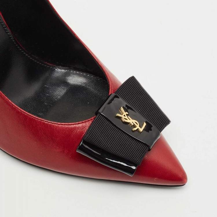Pre Owned Saint Laurent Dark Red Leather Anais Bow Pointed Toe Pumps Size 36