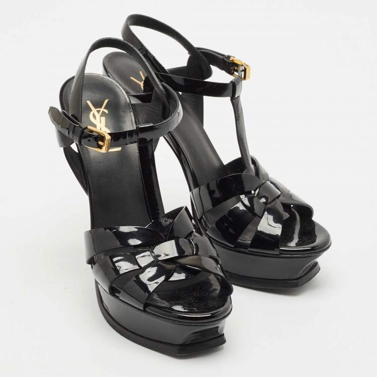 Pre Owned Saint Laurent Black Patent Leather Tribute Platform Sandals Size 38
