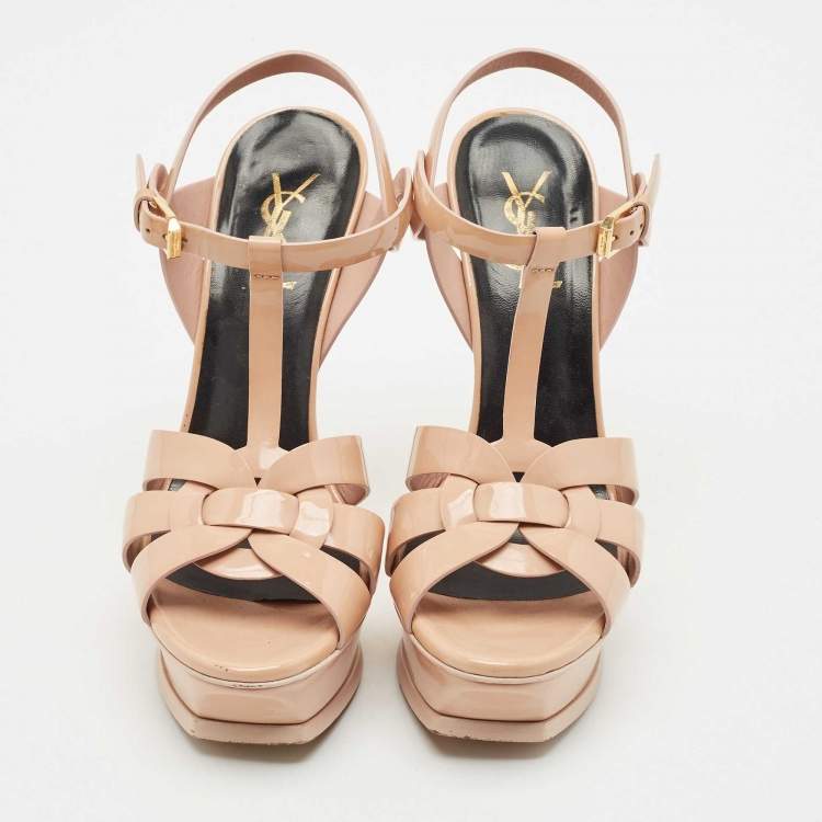Pre Owned Saint Laurent Beige Patent Leather Tribute Platform Sandals Size 37.5