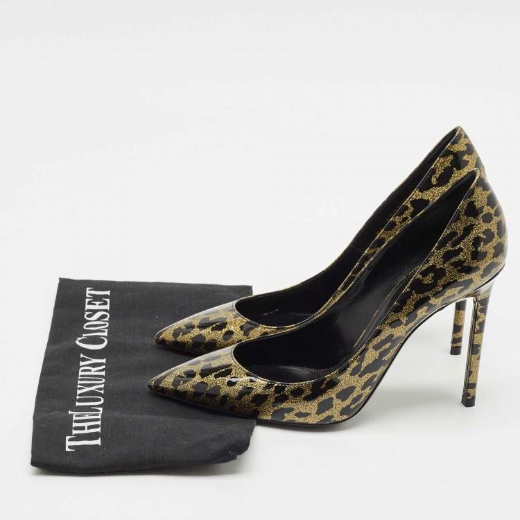 Pre Owned Saint Laurent Black/Gold Animal Print Patent Leather Anja Pointed Toe Pumps Size 38