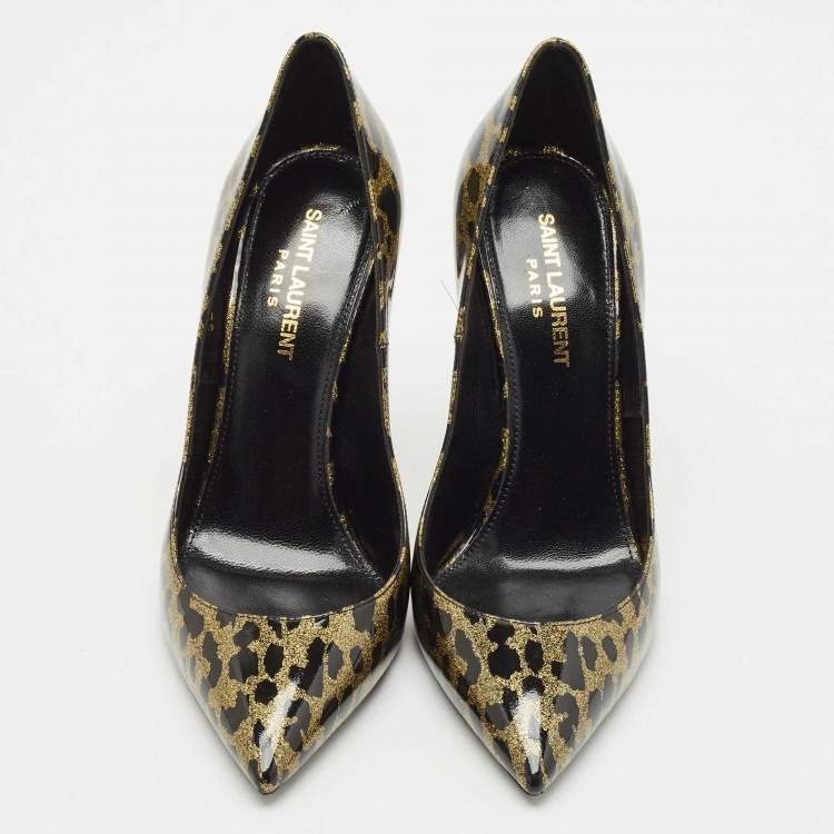 Pre Owned Saint Laurent Black/Gold Animal Print Patent Leather Anja Pointed Toe Pumps Size 38