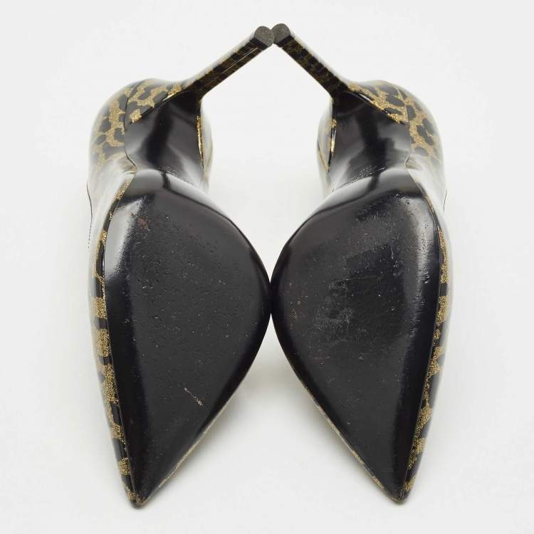 Pre Owned Saint Laurent Black/Gold Animal Print Patent Leather Anja Pointed Toe Pumps Size 38