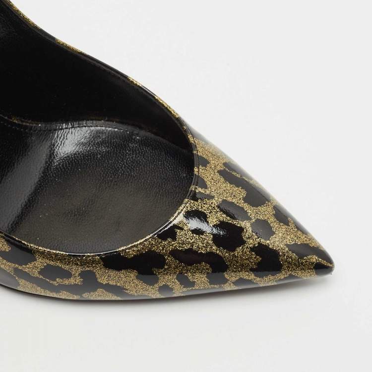 Pre Owned Saint Laurent Black/Gold Animal Print Patent Leather Anja Pointed Toe Pumps Size 38