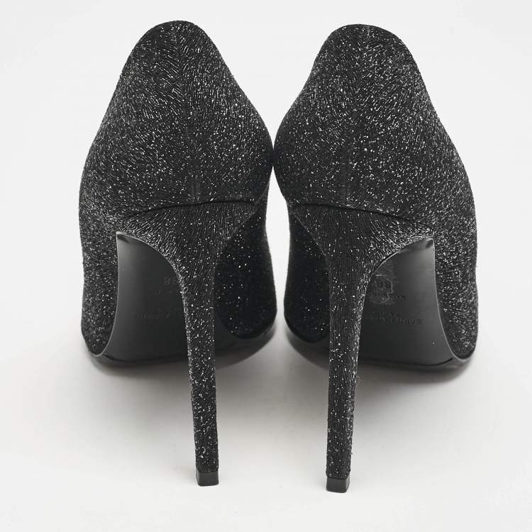 Pre Owned Saint Laurent Black Glitter and Textured Leather Pointed Toe Pumps Size 38