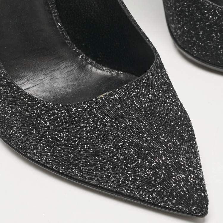 Pre Owned Saint Laurent Black Glitter and Textured Leather Pointed Toe Pumps Size 38