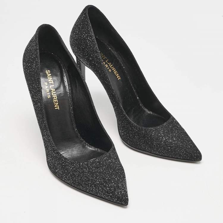Pre Owned Saint Laurent Black Glitter and Textured Leather Pointed Toe Pumps Size 38