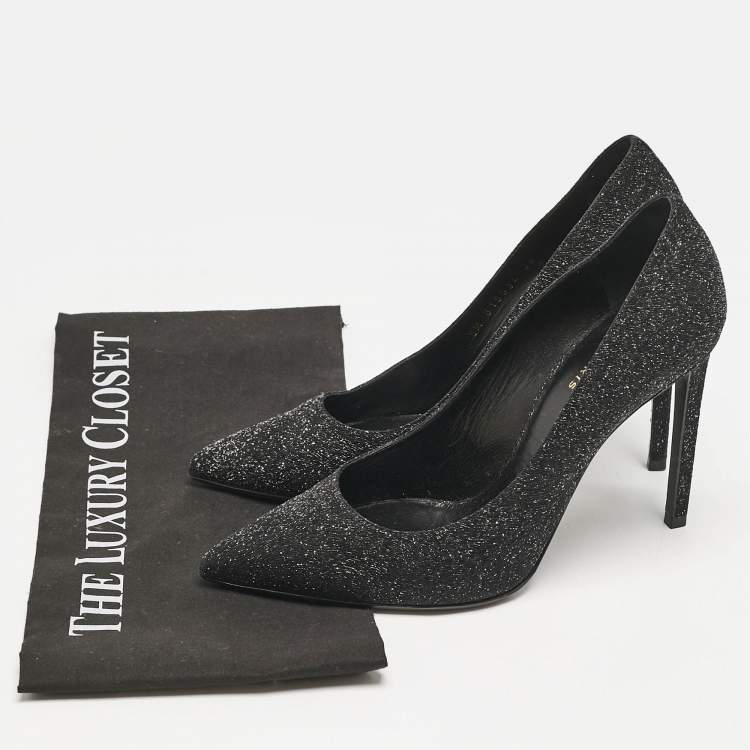 Pre Owned Saint Laurent Black Glitter and Textured Leather Pointed Toe Pumps Size 38