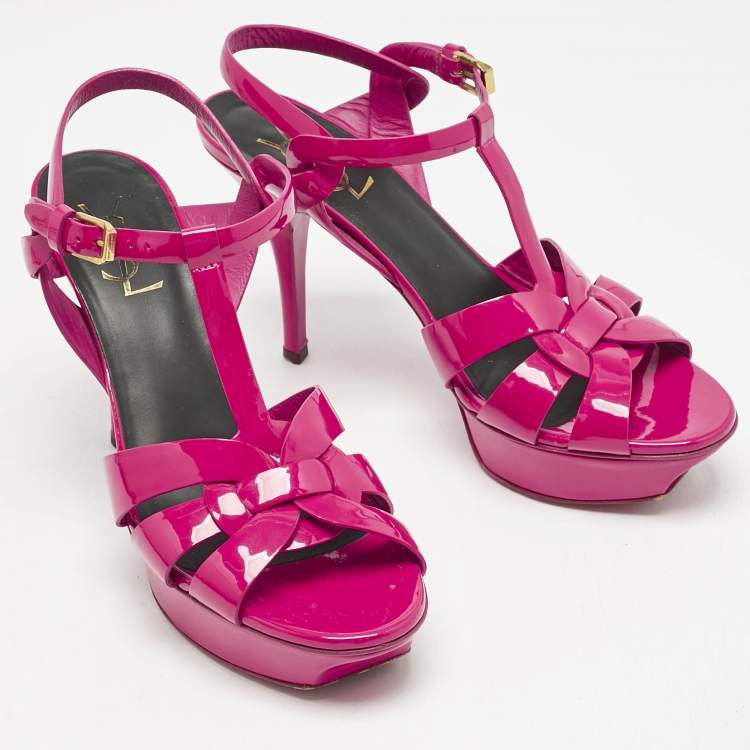 Pre Owned Saint Laurent Dark Pink Patent Leather Tribute Platform Sandals Size 39