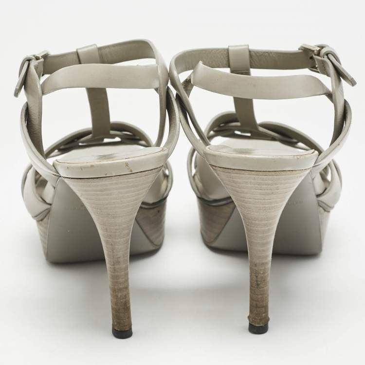 Pre Owned Saint Laurent Light Grey Leather Tribute Platform Sandals Size 37.5