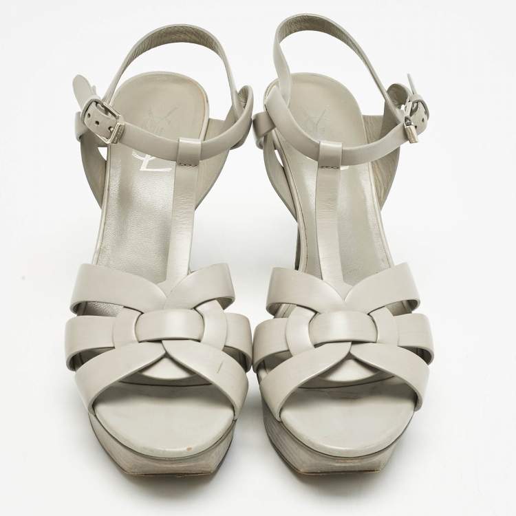 Pre Owned Saint Laurent Light Grey Leather Tribute Platform Sandals Size 37.5