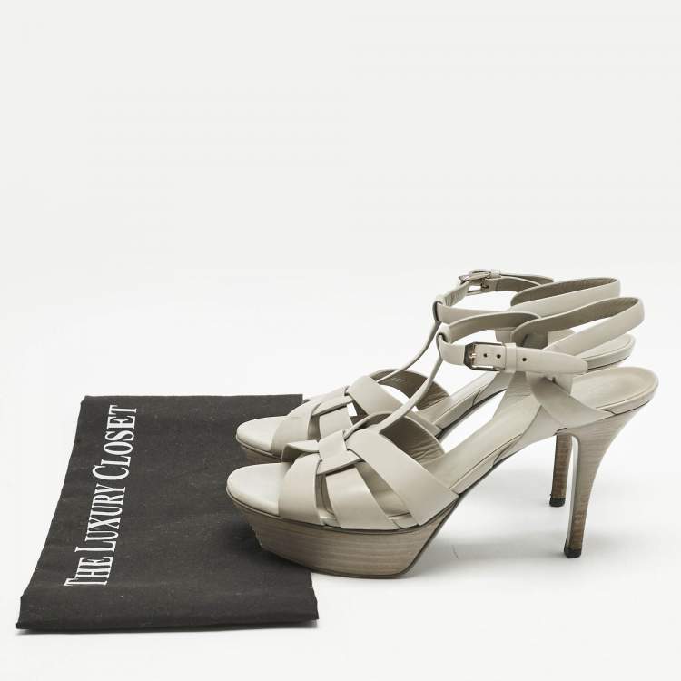 Pre Owned Saint Laurent Light Grey Leather Tribute Platform Sandals Size 37.5