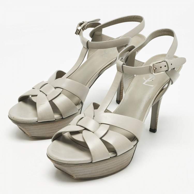 Pre Owned Saint Laurent Light Grey Leather Tribute Platform Sandals Size 37.5
