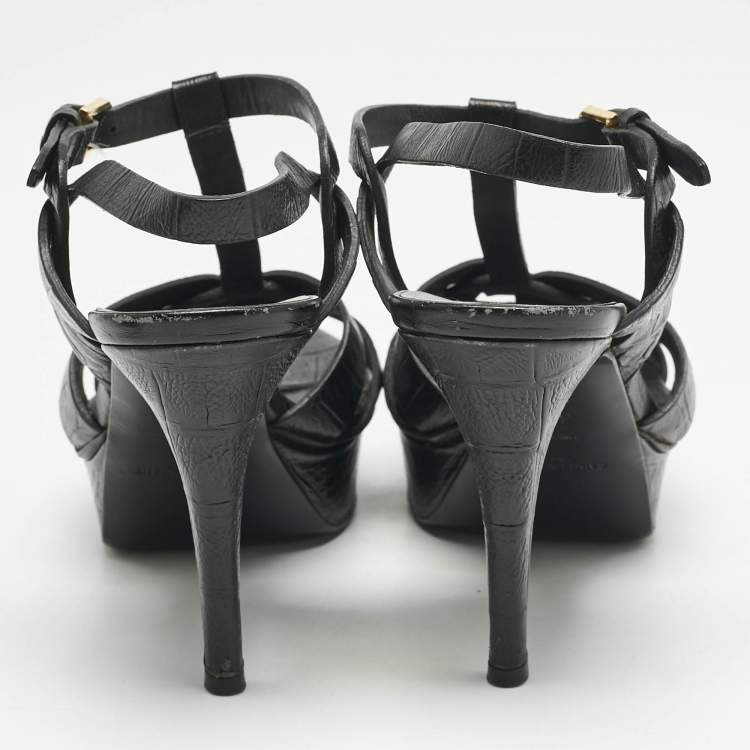 Pre Owned Saint Laurent Black Croc Embossed Leather Tribute Platform Sandals Size 37.5