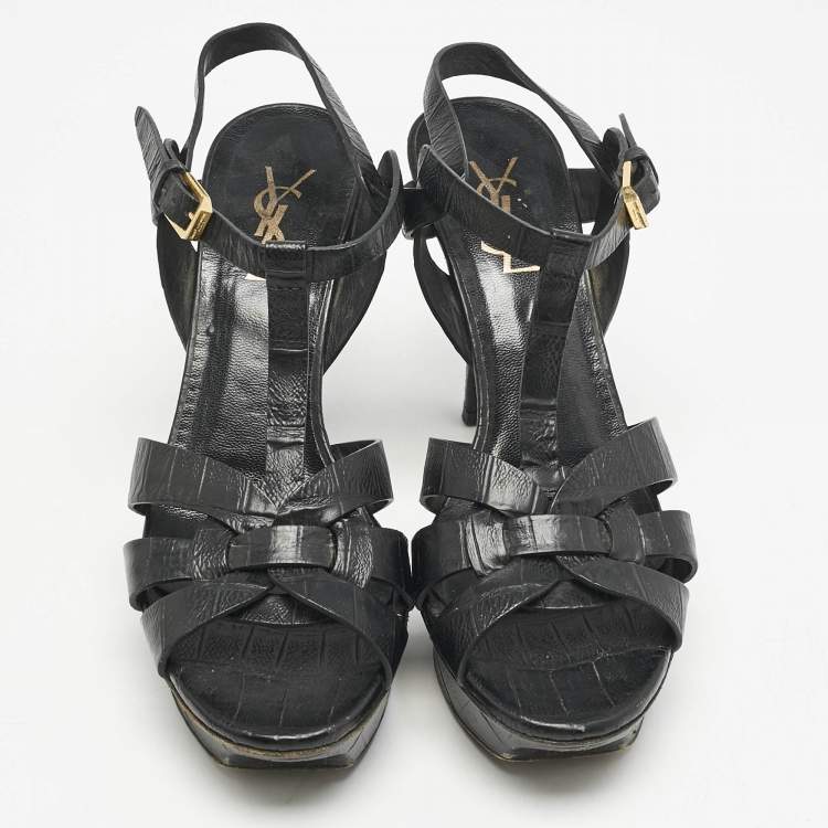 Pre Owned Saint Laurent Black Croc Embossed Leather Tribute Platform Sandals Size 37.5