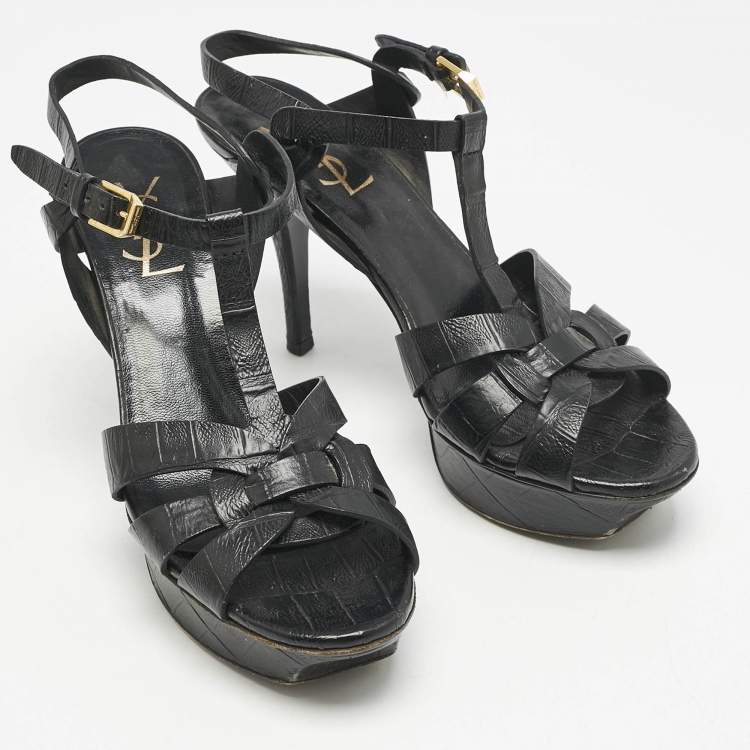 Pre Owned Saint Laurent Black Croc Embossed Leather Tribute Platform Sandals Size 37.5