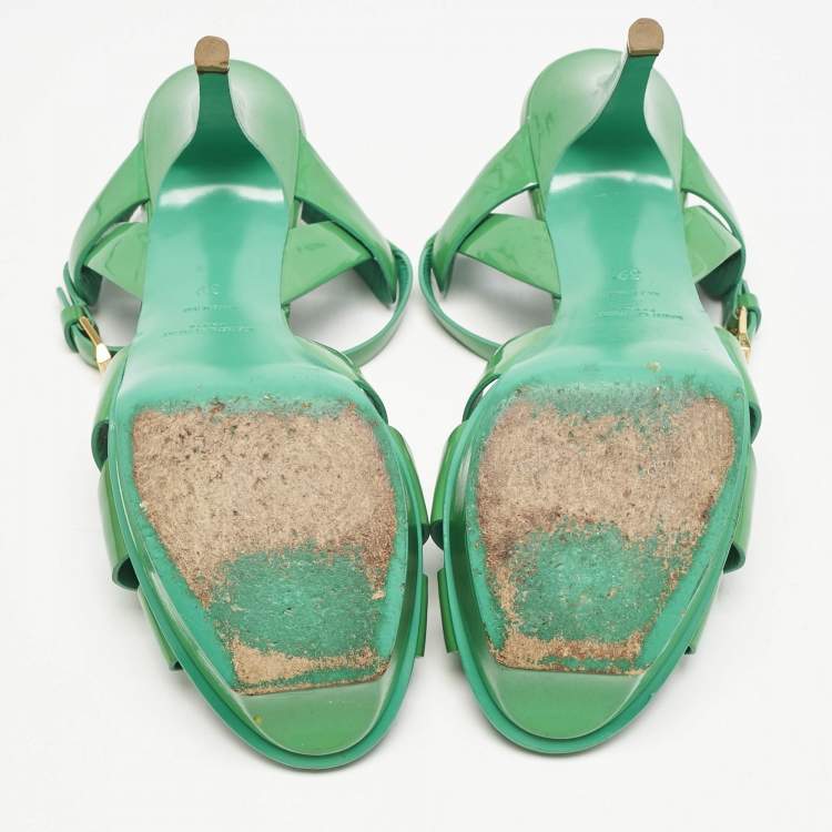 Pre Owned Saint Laurent Green Patent Leather Tribute Platform Sandals Size 39