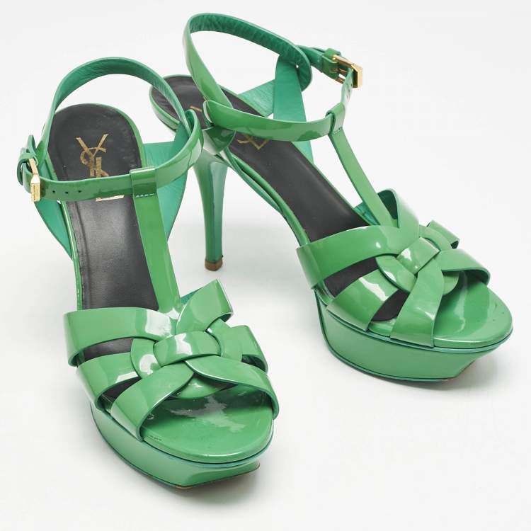 Pre Owned Saint Laurent Green Patent Leather Tribute Platform Sandals Size 39