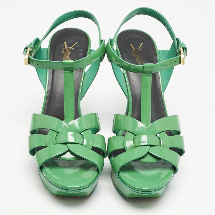 Pre Owned Saint Laurent Green Patent Leather Tribute Platform Sandals Size 39