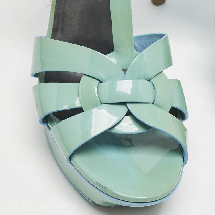 Pre Owned Saint Laurent Blue Patent Leather Tribute Platform Sandals Size 39