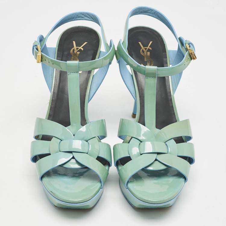 Pre Owned Saint Laurent Blue Patent Leather Tribute Platform Sandals Size 39