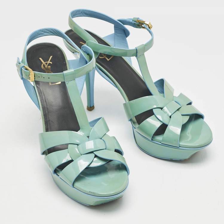 Pre Owned Saint Laurent Blue Patent Leather Tribute Platform Sandals Size 39