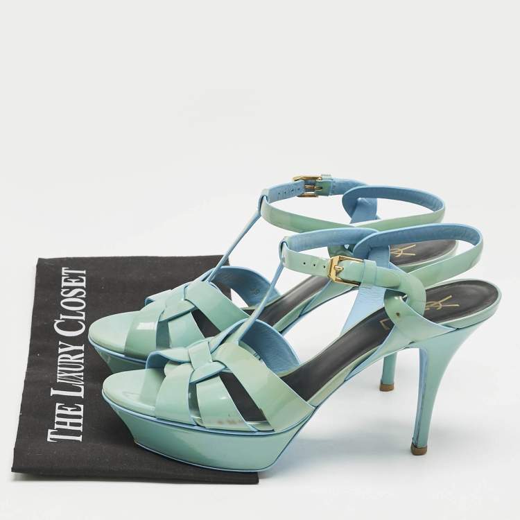 Pre Owned Saint Laurent Blue Patent Leather Tribute Platform Sandals Size 39