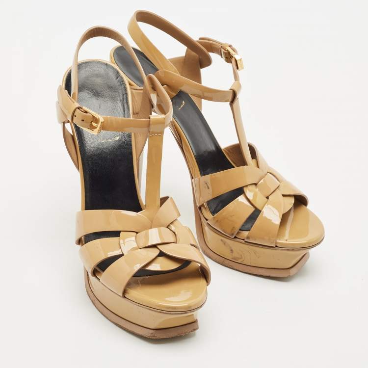 Pre Owned Saint Laurent Beige Patent Leather Tribute Platform Sandals Size 36.5
