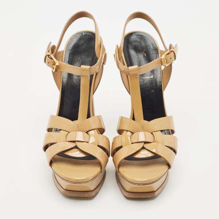 Pre Owned Saint Laurent Beige Patent Leather Tribute Platform Sandals Size 36.5