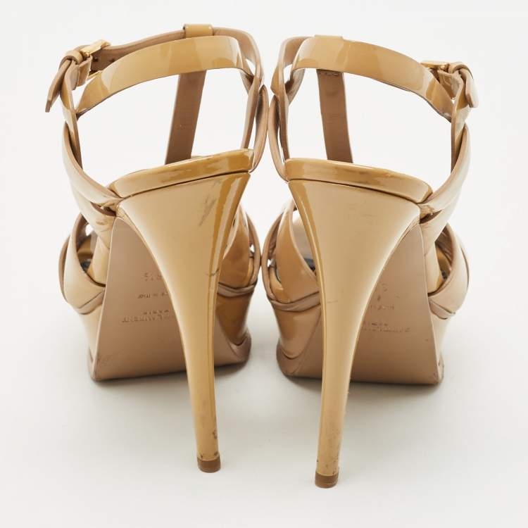 Pre Owned Saint Laurent Beige Patent Leather Tribute Platform Sandals Size 36.5