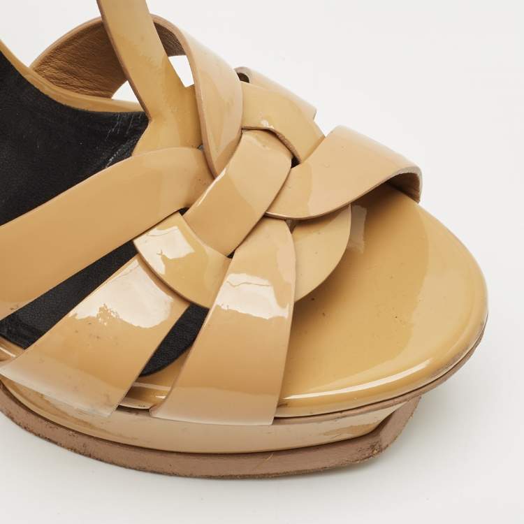 Pre Owned Saint Laurent Beige Patent Leather Tribute Platform Sandals Size 36.5