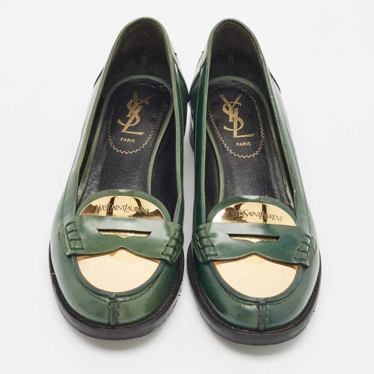 Pre Owned Saint Laurent Green Leather Penny Loafers Size 37