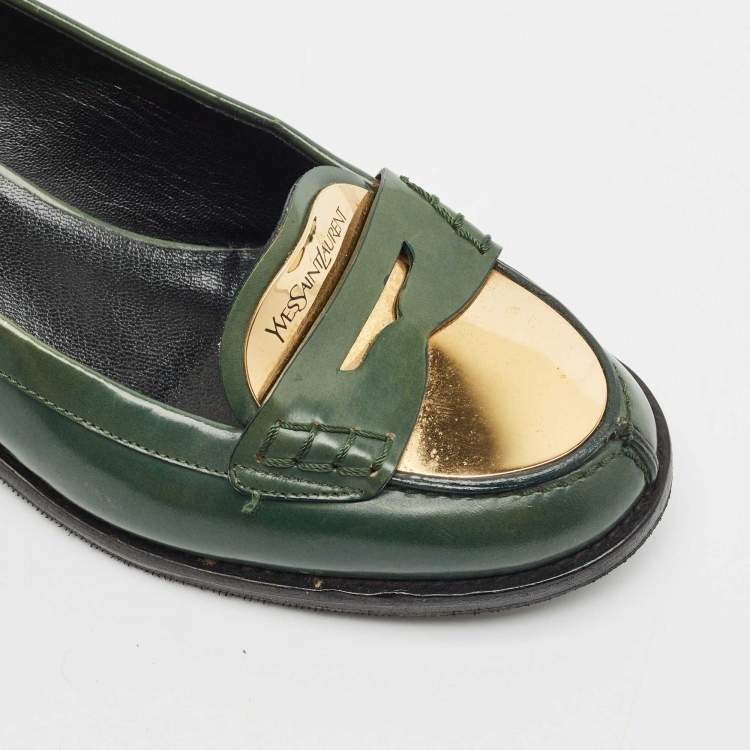 Pre Owned Saint Laurent Green Leather Penny Loafers Size 37