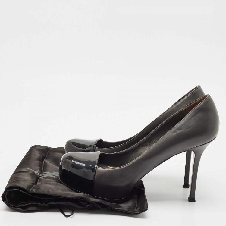 Pre Owned Saint Laurent  Black/Grey Leather And Patent Tribtoo Platform Pumps Size 41