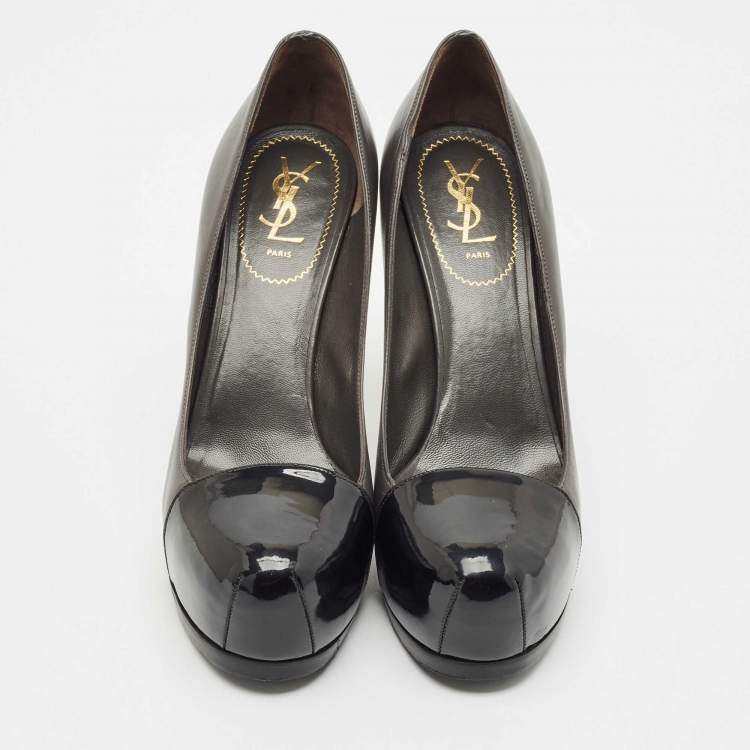Pre Owned Saint Laurent  Black/Grey Leather And Patent Tribtoo Platform Pumps Size 41