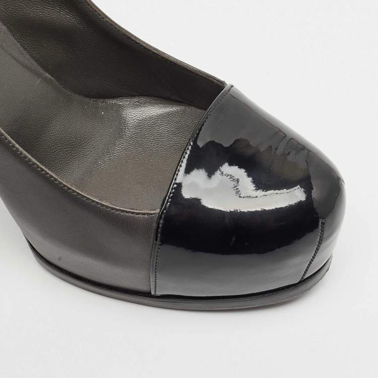 Pre Owned Saint Laurent  Black/Grey Leather And Patent Tribtoo Platform Pumps Size 41