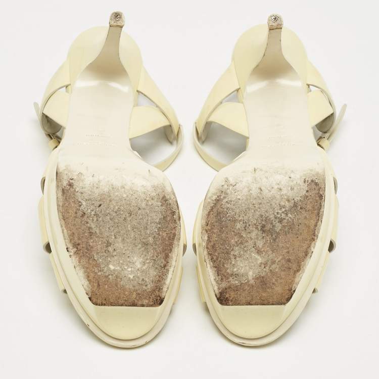 Pre Owned Saint Laurent Cream Patent Leather Tribute Sandals Size 39