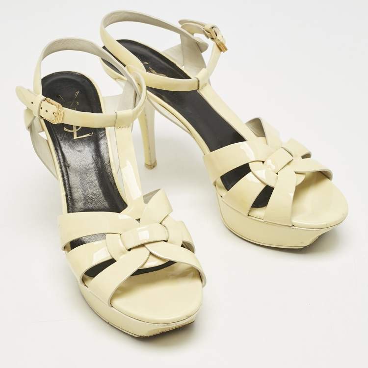 Pre Owned Saint Laurent Cream Patent Leather Tribute Sandals Size 39