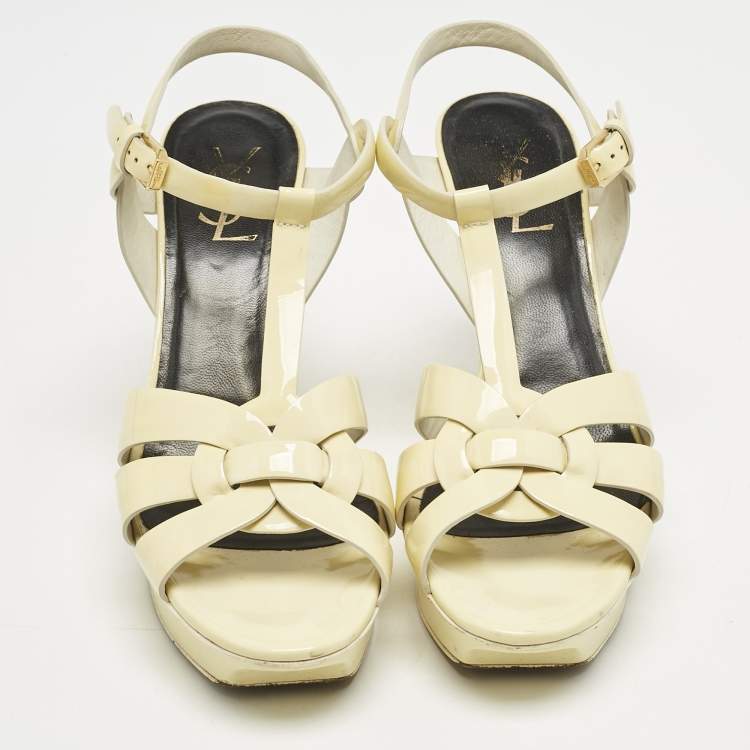 Pre Owned Saint Laurent Cream Patent Leather Tribute Sandals Size 39