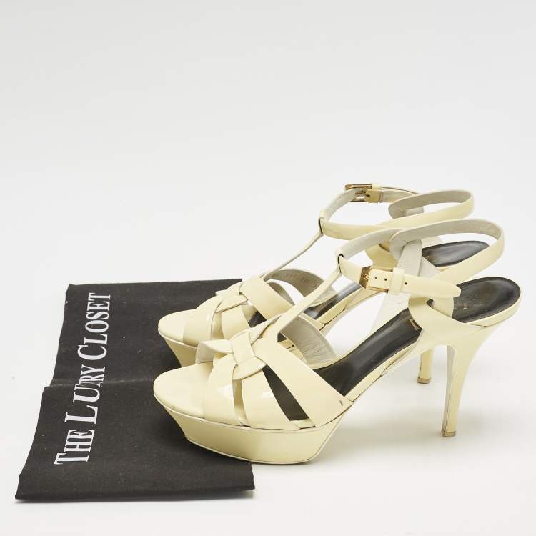 Pre Owned Saint Laurent Cream Patent Leather Tribute Sandals Size 39