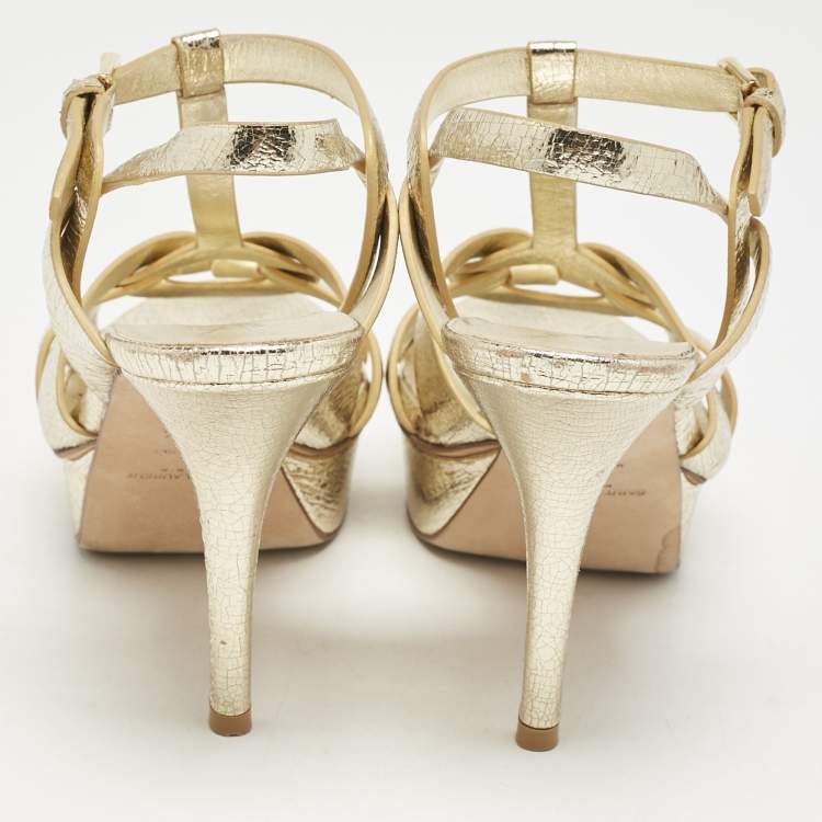 Pre Owned Saint Laurent Gold Foil Leather Tribute Ankle Strap Sandals Size 38.5