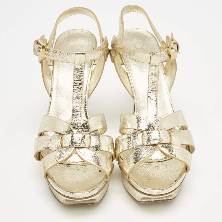 Pre Owned Saint Laurent Gold Foil Leather Tribute Ankle Strap Sandals Size 38.5