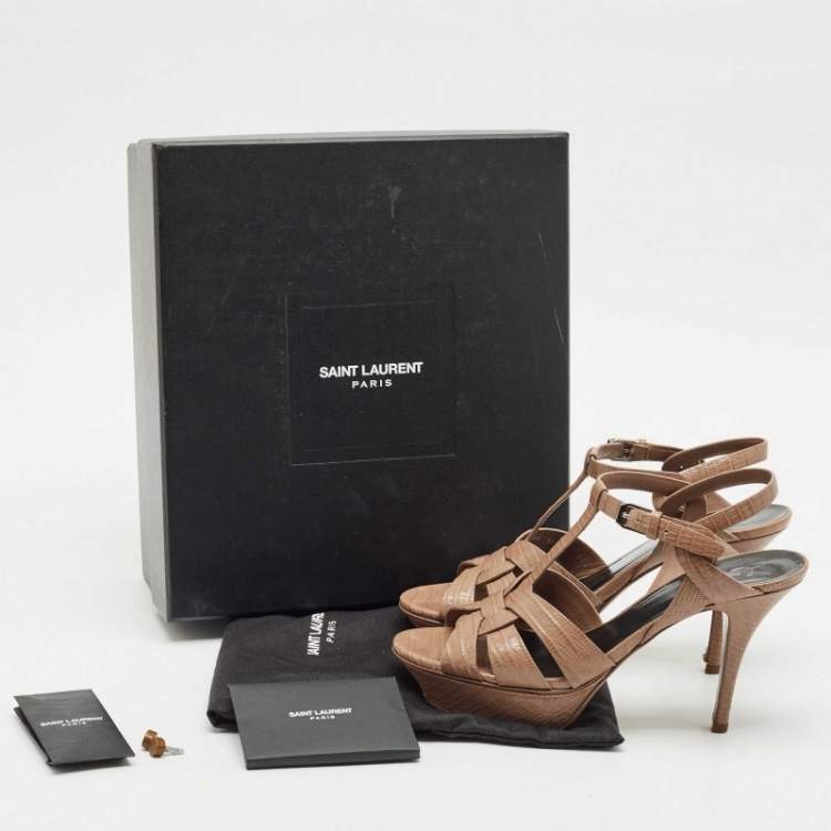 Pre Owned Saint Laurent Beige Lizard Embossed Leather Tribute Ankle Strap Sandals Size 38.5