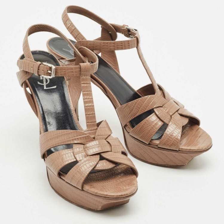 Pre Owned Saint Laurent Beige Lizard Embossed Leather Tribute Ankle Strap Sandals Size 38.5