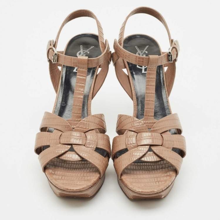 Pre Owned Saint Laurent Beige Lizard Embossed Leather Tribute Ankle Strap Sandals Size 38.5