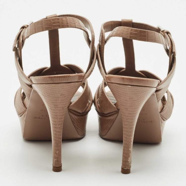 Pre Owned Saint Laurent Beige Lizard Embossed Leather Tribute Ankle Strap Sandals Size 38.5