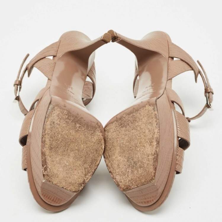 Pre Owned Saint Laurent Beige Lizard Embossed Leather Tribute Ankle Strap Sandals Size 38.5
