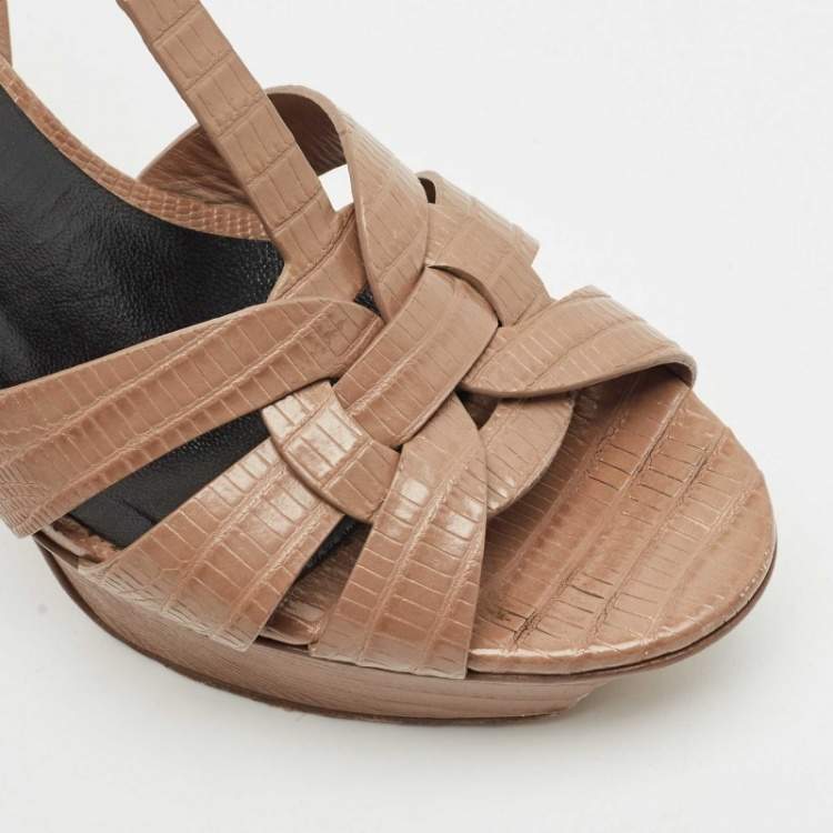 Pre Owned Saint Laurent Beige Lizard Embossed Leather Tribute Ankle Strap Sandals Size 38.5